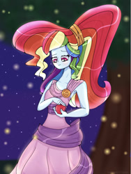Size: 823x1092 | Tagged: dead source, safe, artist:vibrantwishes, imported from derpibooru, rainbow dash, equestria girls, alternate hairstyle, apple, clothes, dress, female, food, hercules, megara, megaradash, night, outdoors, solo, stars
