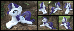 Size: 4178x1754 | Tagged: safe, artist:peruserofpieces, imported from derpibooru, rarity, pony, unicorn, beanie (plushie), female, happy, irl, looking at you, lying down, mare, photo, plushie, prone, smiling, smiling at you, solo, sploot, tree