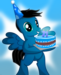 Size: 5346x6600 | Tagged: safe, artist:agkandphotomaker2000, imported from derpibooru, oc, oc:pony video maker, pegasus, pony, bipedal, birthday, birthday cake, cake, candle, food, hat, party hat, show accurate, simple background, spread wings, wings