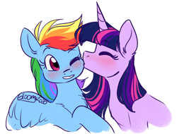 Size: 1250x950 | Tagged: safe, artist:cosmalumi, artist:its-gloomy, imported from derpibooru, rainbow dash, twilight sparkle, pegasus, pony, unicorn, blushing, cheek kiss, female, kiss on the cheek, kissing, lesbian, shipping, twidash, unicorn twilight