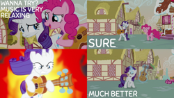 Size: 2000x1125 | Tagged: safe, edit, edited screencap, editor:quoterific, imported from derpibooru, screencap, pinkie pie, rarity, honest apple, guitar, guitarity, musical instrument