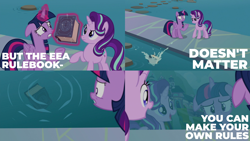 Size: 2000x1125 | Tagged: safe, edit, edited screencap, editor:quoterific, imported from derpibooru, screencap, starlight glimmer, twilight sparkle, alicorn, school daze, book, eea rulebook, screw the rules, twilight sparkle (alicorn)