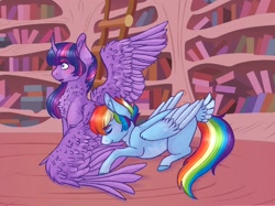 Size: 2732x2048 | Tagged: safe, artist:mervielle3, artist:merviellee, imported from derpibooru, rainbow dash, twilight sparkle, alicorn, pegasus, pony, blushing, curved horn, female, females only, golden oaks library, grooming, horn, lesbian, library, mare, preening, shipping, twidash, twilight sparkle (alicorn), wide eyes