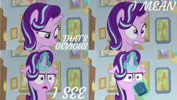 Size: 2000x1125 | Tagged: safe, edit, edited screencap, editor:quoterific, imported from derpibooru, screencap, starlight glimmer, pony, unicorn, marks for effort, :i, dialogue, female, i mean i see, magic, mare, mug, open mouth, solo, telekinesis