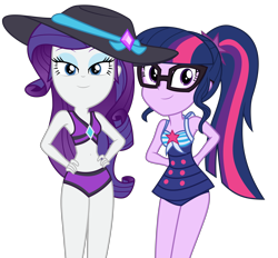 Size: 7984x7422 | Tagged: safe, artist:alandssparkle, artist:firesidearmy46231, imported from derpibooru, rarity, sci-twi, twilight sparkle, human, equestria girls, equestria girls series, forgotten friendship, absurd resolution, beach shorts swimsuit, bedroom eyes, belly button, bikini, clothes, cute, duo, duo female, female, geode of empathy, geode of fauna, geode of shielding, geode of sugar bombs, geode of super speed, geode of super strength, geode of telekinesis, glasses, hairpin, hand on hip, hands behind back, hands on hip, hat, legs together, lidded eyes, looking at you, magical geodes, midriff, ponytail, purple swimsuit, raribetes, rarity's beach shorts swimsuit, rarity's purple bikini, sci-twi swimsuit, simple background, sun hat, swimsuit, transparent background, twiabetes, vector