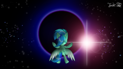 Size: 2000x1125 | Tagged: source needed, useless source url, safe, artist:jadebreeze115, imported from derpibooru, oc, oc only, oc:jade breeze, pegasus, pony, bipedal, black hole, colored wings, dramatic, flying, gradient wings, hooves up, looking back, male, reference, solo, space, stallion, stars, sun, wings