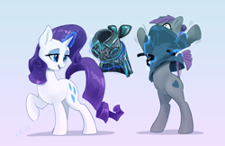 Size: 4640x3000 | Tagged: safe, artist:xbi, imported from derpibooru, maud pie, rarity, earth pony, pony, unicorn, bipedal, changing clothes, clothes, dress, duo, glowing horn, gradient background, high res, horn, magic, magic aura, magic undressing, telekinesis, undressing