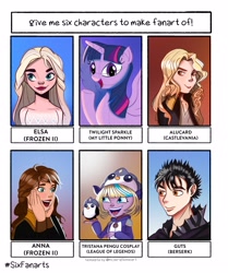 Size: 3000x3582 | Tagged: safe, artist:hello_imduck, imported from derpibooru, trixie, twilight sparkle, alicorn, bird, human, penguin, pony, six fanarts, alucard (castlevania), anna, berserk, bust, castlevania, clothes, cosplay, costume, crossover, elsa, female, frozen (movie), guts (berserk), hat, high res, male, mare, open mouth, raised hoof, rule 63, smiling, tristan, twilight sparkle (alicorn), underhoof