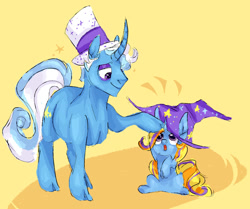 Size: 1280x1070 | Tagged: safe, artist:mareshire, imported from derpibooru, jack pot, trixie, pony, unicorn, curved horn, father and child, father and daughter, female, filly, filly trixie, horn, male, stallion, younger