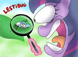 Size: 1380x1014 | Tagged: safe, artist:banebuster, imported from derpibooru, princess celestia, twilight sparkle, insect, ladybug, pony, series:tiny tia, coccinellidaephobia, cute, cutelestia, fear, glowing horn, horn, horrified, leaf, magnifying glass, open mouth, smiling, species swap, twilight hates ladybugs, waving, wild take