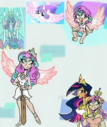 Size: 1747x2073 | Tagged: safe, artist:citi, imported from derpibooru, screencap, princess cadance, princess flurry heart, twilight sparkle, alicorn, human, pony, the crystalling, the last problem, baby, baby pony, cute, diaper, flurrybetes, human princess twilight, humanized, older, older flurry heart, older twilight, princess twilight 2.0, scene interpretation, screencap reference, sword, twilight sparkle (alicorn), weapon