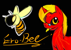 Size: 1606x1134 | Tagged: safe, artist:ero-bee, imported from derpibooru, oc, oc only, oc:ero-bee, bee, insect, pony, unicorn, 2015, black background, glasses, horn, signature, simple background, tongue out, unicorn oc