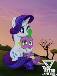 Size: 1400x1866 | Tagged: safe, artist:theretroart88, imported from derpibooru, rarity, spike, dragon, pony, unicorn, blushing, female, male, shipping, sparity, straight, sunset, tree