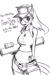 Size: 1378x2039 | Tagged: safe, artist:ero-bee, imported from derpibooru, anthro, earth pony, 2016, clothes, daisy dukes, female, fio germi, glasses, grenade launcher, jewelry, lineart, metal slug, midriff, monochrome, necklace, ponified, round glasses, shorts, smiling, weapon