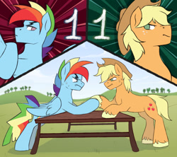 Size: 1280x1138 | Tagged: safe, artist:renka2802, imported from derpibooru, applejack, rainbow dash, earth pony, pony, applejack (male), applejack's hat, arm wrestling, cowboy hat, digital art, hat, hoofwrestle, my little pony, rainbow blitz, rule 63