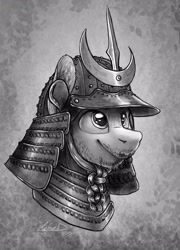 Size: 1825x2534 | Tagged: safe, artist:helmie-art, artist:helmie-d, imported from derpibooru, oc, oc only, pony, abstract background, armor, bust, facial hair, grayscale, helmet, male, monochrome, portrait, samurai, solo, stallion