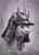 Size: 1825x2534 | Tagged: safe, artist:helmie-art, artist:helmie-d, imported from derpibooru, oc, oc only, pony, abstract background, armor, bust, facial hair, grayscale, helmet, male, monochrome, portrait, samurai, solo, stallion