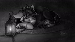 Size: 2099x1180 | Tagged: safe, artist:helmie-art, artist:helmie-d, imported from derpibooru, oc, oc only, oc:karoline skies, earth pony, pony, eyes closed, female, floppy ears, freckles, grayscale, lantern, lying down, mare, monochrome, sleeping, solo