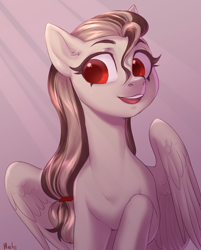 Size: 3216x4000 | Tagged: source needed, safe, artist:helemaranth, imported from derpibooru, oc, oc only, oc:indicia, pegasus, pony, bust, female, mare, pegasus oc, portrait, red eyes, smiling, solo, solo female, wings