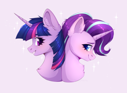 Size: 1808x1320 | Tagged: safe, artist:jennyberry, imported from derpibooru, starlight glimmer, twilight sparkle, alicorn, pony, unicorn, bust, duo, duo female, ear fluff, female, horn, looking at each other, portrait, simple background