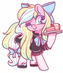 Size: 1652x1905 | Tagged: safe, artist:musicfirewind, artist:wavecipher, imported from derpibooru, oc, oc only, oc:bay breeze, pegasus, pony, bow, cake, clothes, cute, dress, female, food, hair bow, maid, mare, ocbetes, one eye closed, shoes, simple background, solo, tail bow, white background, wink