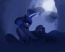 Size: 3382x2722 | Tagged: safe, artist:therealf1rebird, imported from derpibooru, princess luna, alicorn, pony, blushing, cloud, cutie mark, fan, glowing horn, horn, magic, moon, night, solo, stars, wings