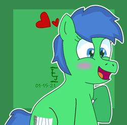 Size: 1018x1001 | Tagged: safe, artist:icecreamjaxxie, imported from derpibooru, oc, oc only, oc:notepad, earth pony, pony, blushing, heart, lined paper, notepad, raised hoof, sitting, smiling, solo