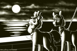 Size: 2400x1600 | Tagged: safe, artist:inuhoshi-to-darkpen, imported from derpibooru, oc, oc only, pony, beard, clothes, duo, ear fluff, facial hair, male, monochrome, moon, night, ocean, pipe, return of the obra dinn, stars