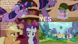 Size: 2000x1125 | Tagged: safe, edit, edited screencap, editor:quoterific, imported from derpibooru, screencap, applejack, rarity, spike, twilight sparkle, the crystal empire, golden oaks library, ponyville