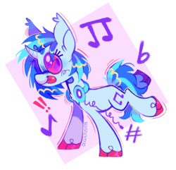 Size: 1226x1182 | Tagged: safe, artist:occultusion, artist:onionpwder, imported from derpibooru, dj pon-3, vinyl scratch, pony, unicorn, ear fluff, exclamation point, female, mare, music notes, raised hoof, raised leg, redesign, solo, tongue out, unshorn fetlocks, vinyl's glasses