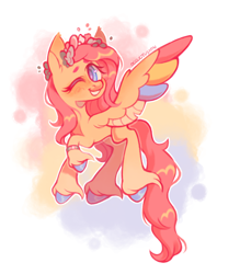 Size: 1220x1395 | Tagged: safe, artist:occultusion, artist:onionpwder, imported from derpibooru, fluttershy, pegasus, pony, alternate hairstyle, blushing, colored wings, colored wingtips, cute, demigirl, demigirl pride flag, female, floral head wreath, flower, flying, grin, mare, one eye closed, pansexual, pansexual pride flag, pride, pride flag, raised hoof, shyabetes, smiling, solo, unshorn fetlocks, wink, wristband