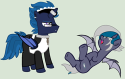 Size: 1074x678 | Tagged: safe, artist:deadpon3, artist:jadeharmony, artist:jadethepegasus, artist:moonlightdisney5, artist:thatonefluffs, imported from derpibooru, oc, oc only, oc:elizabat stormfeather, oc:icey wicey, alicorn, bat pony, bat pony alicorn, pony, alicorn oc, apron, base used, bat pony oc, bat wings, bullet, clothes, collar, crossdressing, dress, duo, ear piercing, earring, eyes closed, fangs, female, glasses, gray background, grumpy, horn, horn ring, jewelry, laughing, lying down, maid, maid headdress, male, mare, on back, open mouth, piercing, raised hoof, raised leg, ring, simple background, skirt, stallion, unamused, underhoof, wings