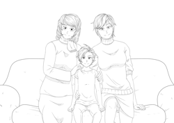 Size: 3508x2480 | Tagged: safe, artist:tdf, imported from ponybooru, aunt holiday, auntie lofty, scootaloo, human, child, clothes, couch, family, family photo, female, females only, looking at you, sketch