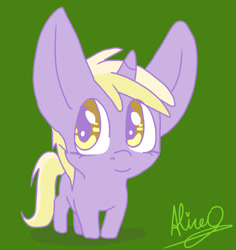 Size: 1021x1080 | Tagged: safe, artist:aliceg, imported from ponybooru, dinky hooves, pony, unicorn, blonde mane, blonde tail, cute, ears, female, filly, gorgoalice daily pony, green background, horn, large ears, looking to side, looking to the left, signature, simple background, smiling, smol, solo, yellow eyes