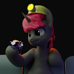 Size: 1920x1920 | Tagged: safe, artist:queen-razlad, imported from derpibooru, oc, oc only, pony, unicorn, 3d, blender, blender cycles, blender monkey, cycles, dark, looking at something, loot, miner, red mane, relaxing, solo, suzanne