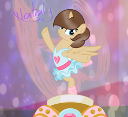 Size: 1232x1128 | Tagged: safe, artist:aniakucyk, imported from derpibooru, oc, oc:nati, alicorn, a royal problem, alicorn oc, arabesque, ballerina, ballet, ballet slippers, clothes, horn, music box, on one leg, one arm up, pose, standing on one leg, tutu, wings