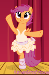 Size: 616x938 | Tagged: safe, artist:lindagemdream, imported from derpibooru, scootaloo, pegasus, a royal problem, adult, arabesque, ballerina, ballet, ballet slippers, blushing, clothes, dancing, facing you, on one leg, one arm out, one arm up, scootarina, scootatutu, smiling, stage, standing on one leg, tutu
