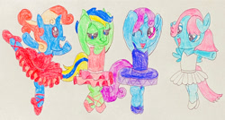 Size: 1280x685 | Tagged: safe, artist:capricorndiem456, imported from derpibooru, oc, oc:angrymetal, oc:beauty dash, oc:berry blue, oc:greenmetal, earth pony, pegasus, unicorn, ballerina, ballerinas, ballet, ballet dancers, ballet dancing, ballet slippers, clothes, crossdressing, dancers, dancing, femboy, looking at you, male, on one leg, one eye closed, open mouth, pose, raised arms, standing on one leg, tutu, tutus, wink, winking at you