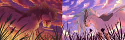 Size: 2752x876 | Tagged: safe, artist:darkimae, imported from derpibooru, oc, oc:dove, oc:fang, hybrid, pegasus, wolf, wolf pony, background, comparison, fangs, feather, finished, grass, lighting, scar, shading, sky, sunrise, sunset, teeth