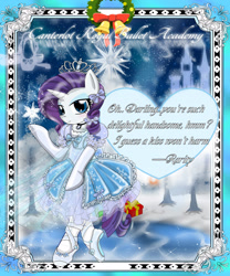 Size: 2236x2683 | Tagged: safe, artist:avchonline, imported from derpibooru, rarity, anthro, semi-anthro, unicorn, ballerina, ballet, ballet slippers, bells, blushing, bow, canterlot royal ballet academy, card, christmas, christmas card, christmas present, christmas tree, clothes, dialogue, en pointe, engrish, frills, gloves, heart, holiday, jewelry, long gloves, mistletoe, necklace, puffy sleeves, raririna, ribbon, snow, snowflake, tiara, tree, tutu, tututiful, winter, wreath