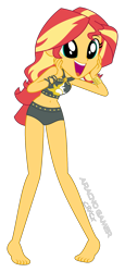 Size: 877x1914 | Tagged: safe, artist:spidey-gamer-crack, edit, edited screencap, imported from derpibooru, screencap, sunset shimmer, human, equestria girls, belly button, clothes, cute, dilated pupils, eyebrows, hands on cheeks, not a vector, open mouth, open smile, shimmerbetes, signature, simple background, sleeveless, smiling, solo, sunset shimmer swimsuit, sunset shimmer's beach shorts swimsuit, surprised, swimsuit, transparent background, vector