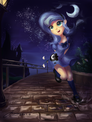 Size: 2250x3000 | Tagged: safe, artist:musical ray, imported from derpibooru, princess luna, human, clothes, crescent moon, cutie mark, cutie mark on clothes, female, filly, humanized, moon, night, open mouth, outdoors, running, shoes, smiling, solo, woona, younger