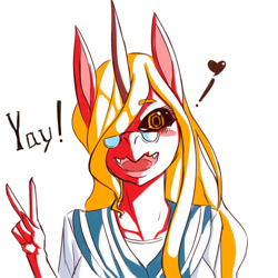 Size: 1000x1000 | Tagged: safe, artist:ero-bee, imported from derpibooru, oc, oc only, oc:ero-bee, anthro, unicorn, blush sticker, blushing, bust, clothes, female, glasses, hair over one eye, heart, horn, open mouth, peace sign, pictogram, school uniform, simple background, smiling, solo, unicorn oc, white background, yay