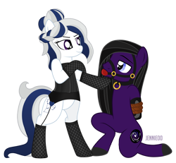 Size: 1200x1107 | Tagged: safe, artist:jennieoo, imported from derpibooru, oc, oc:andrewmeda, oc:milky way, oc:milky way (sodadrinker11), earth pony, pegasus, pony, bipedal, bondage, clothes, corset, dominatrix, earth pony oc, gag, gloves, latex, pegasus oc, show accurate, simple background, socks, stockings, thigh highs, tights, transparent background, vector, wings