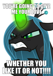 Size: 893x1280 | Tagged: safe, imported from derpibooru, queen chrysalis, changeling, angry, caption, close-up, fangs, female, glare, glowing horn, gritted teeth, hissing, horn, image macro, meme, simple background, text, white background