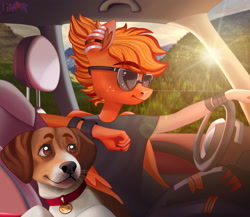 Size: 3000x2600 | Tagged: safe, artist:irinamar, imported from derpibooru, oc, oc only, oc:blaze fury, anthro, dog, pegasus, car, car interior, clothes, collar, commission, ear piercing, freckles, male, pants, piercing, relaxed, ripped pants, sunglasses, torn clothes, wristband, ych result