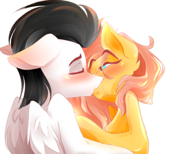 Size: 1600x1434 | Tagged: safe, alternate version, artist:angeline shine, imported from derpibooru, oc, oc:angel shine, oc:skysprinter, pony, blushing, cute, eyes closed, kissing, lovely, one eye open, shipping