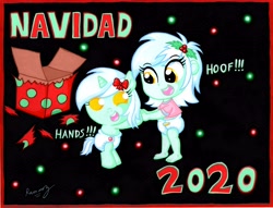 Size: 6594x5025 | Tagged: safe, artist:rammzblood, imported from derpibooru, lyra heartstrings, human, pony, unicorn, equestria girls, 2020, baby, baby pony, christmas, diaper, female, filly, filly lyra, hand, holiday, human ponidox, open mouth, present, self paradox, self ponidox, that girl sure loves hoof, that pony sure does love hands, younger