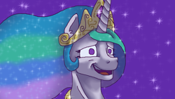 Size: 1280x720 | Tagged: safe, artist:theedgyduck, imported from derpibooru, princess celestia, alicorn, pony, crown, female, jewelry, mare, necklace, night, open mouth, princess, regalia, screenshot redraw, solo