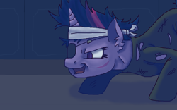 Size: 512x320 | Tagged: safe, artist:theedgyduck, imported from derpibooru, twilight sparkle, pony, unicorn, it's about time, alternate hairstyle, bandage, eyepatch, female, future twilight, latex, latex suit, mare, scar, scene interpretation, screenshot redraw, solo, unicorn twilight